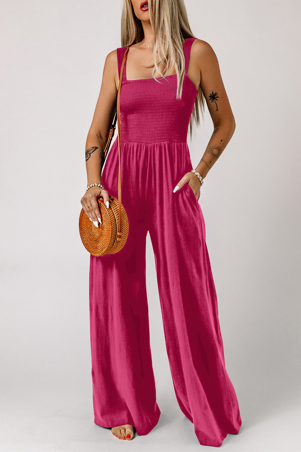 Square Neck Wide Leg Jumpsuit with Pockets