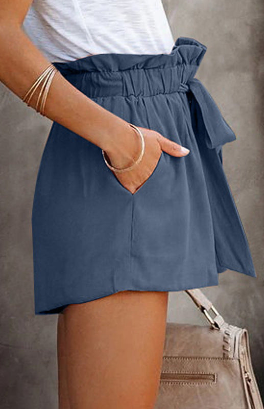 Paper Bag Tie Waist Solid Shorts