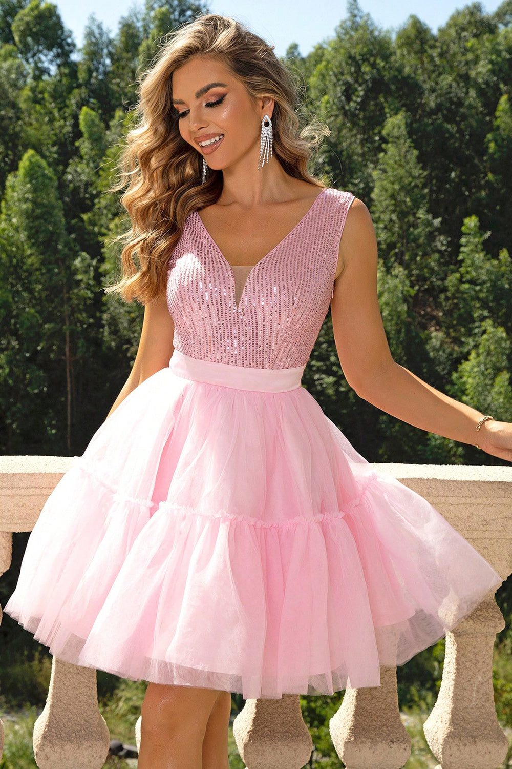 Pretty Pink Sequin Sleeveless Mesh Dress