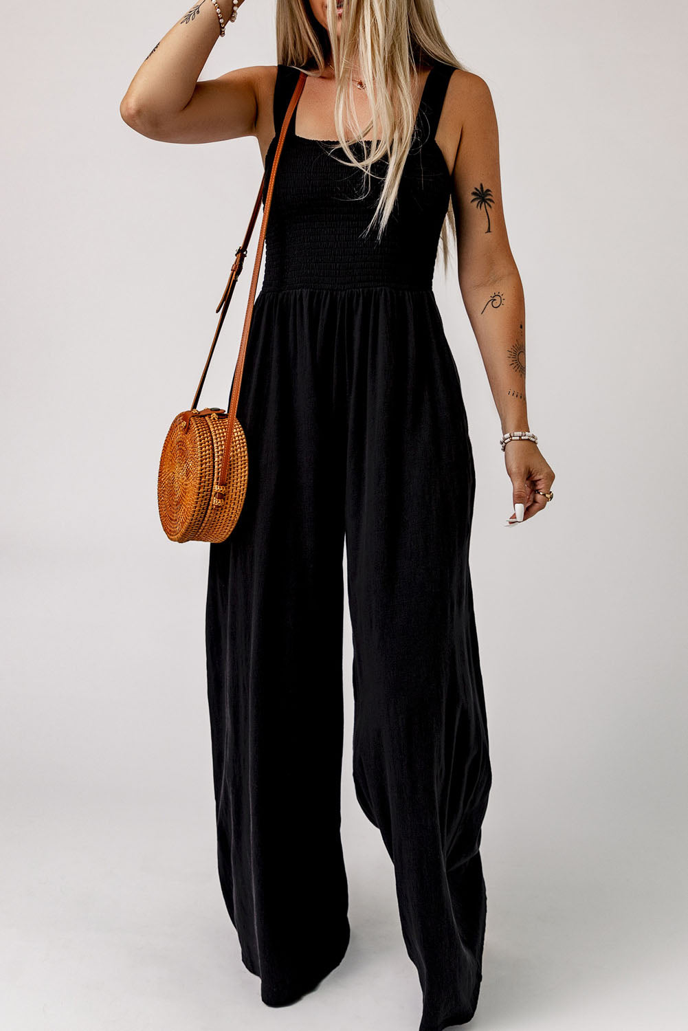 Square Neck Wide Leg Jumpsuit with Pockets