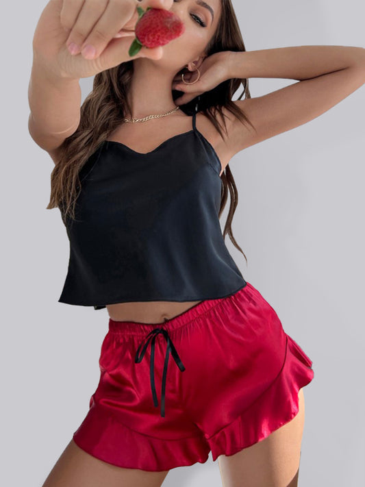 Contrasting Color Camisole + Shorts Pajamas Two-Piece Set