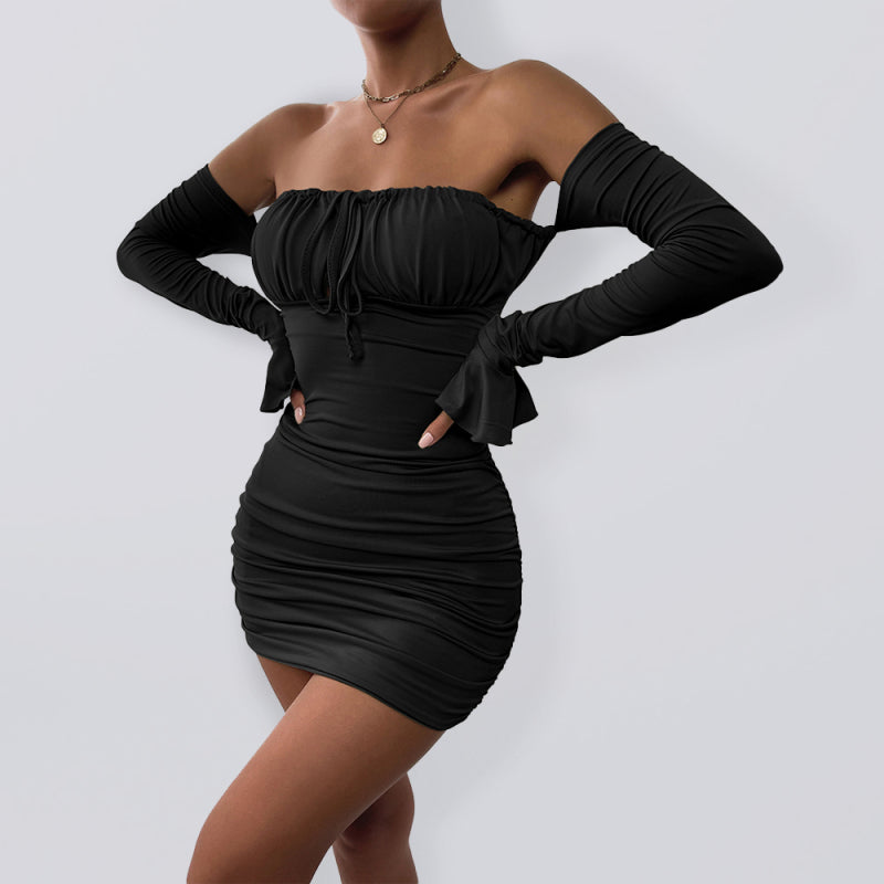Off The Shoulder Peasant Style Bodycon Mini Dress With Cinched Front Tie And Bell Cut Sleeve