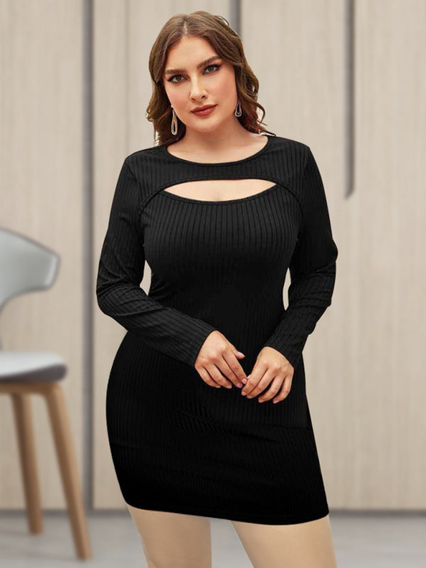 Plus Size Cutout Ribbed Knit Long Sleeve Bodycon Dress