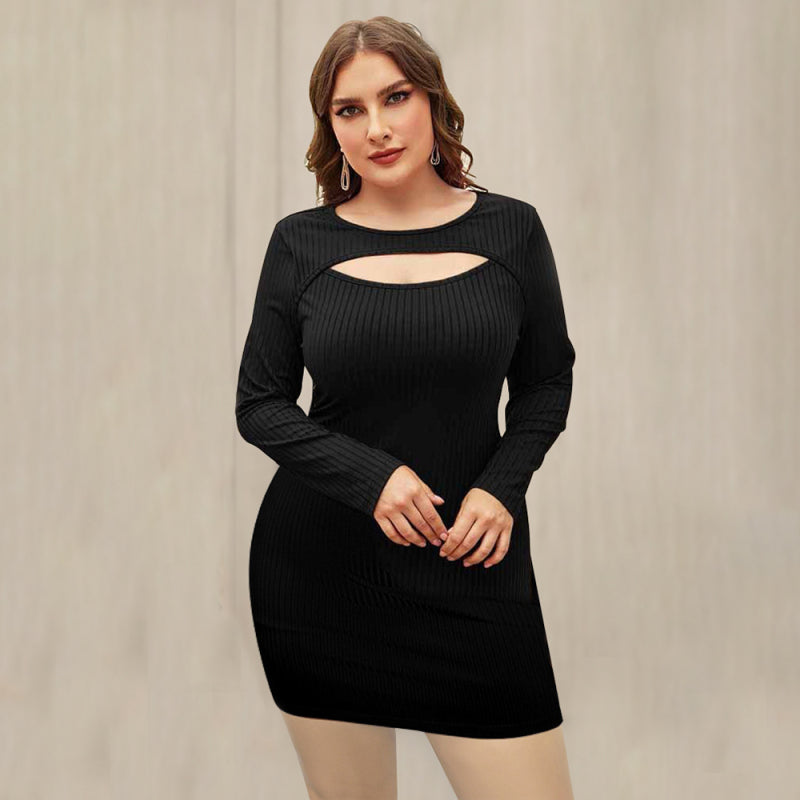 Plus Size Cutout Ribbed Knit Long Sleeve Bodycon Dress