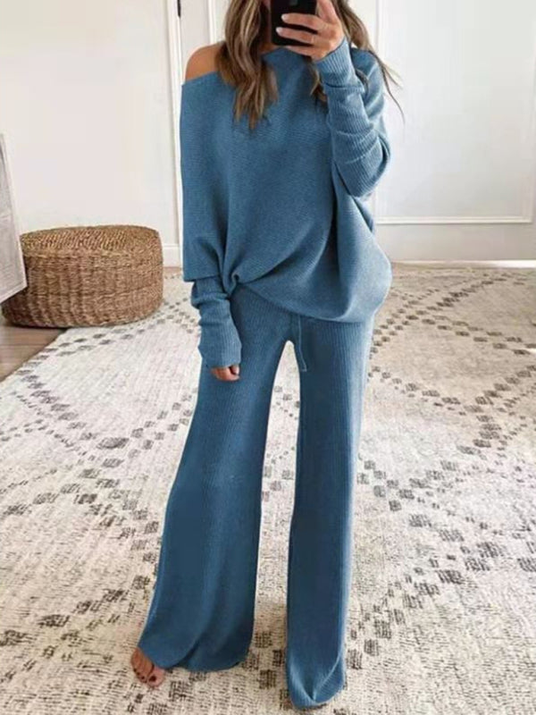 Off The Shoulder Ribbed Wide Legs Pants Sweater Set