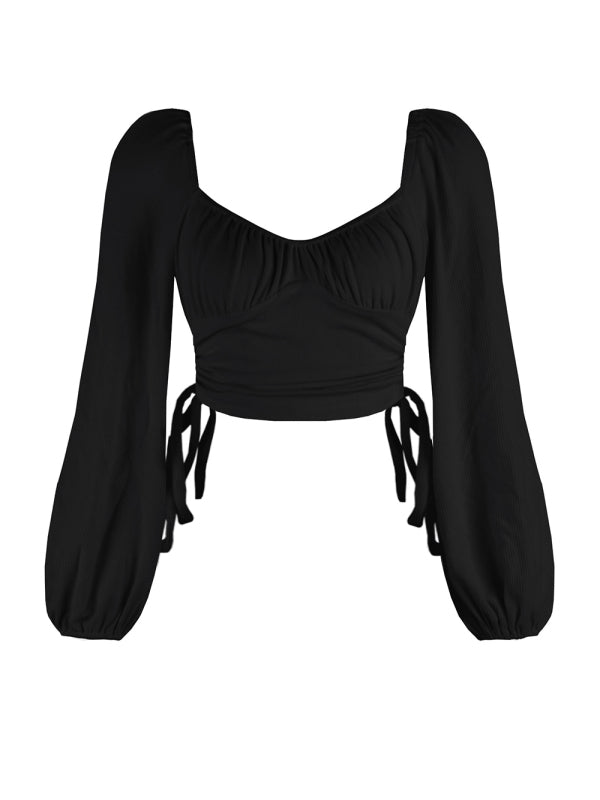Sweetheart Neckline Puff-sleeve Ruched Sides Crop Top