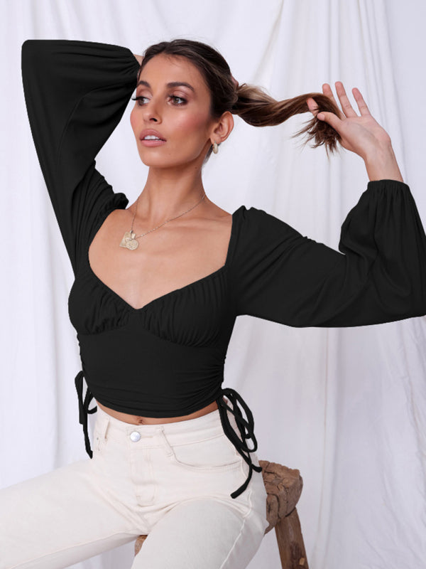 Sweetheart Neckline Puff-sleeve Ruched Sides Crop Top