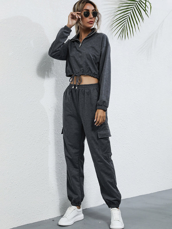 Two Piece Jogger Set: 1/4 Zip Cropped Sweatshirt and Elastic Joggers