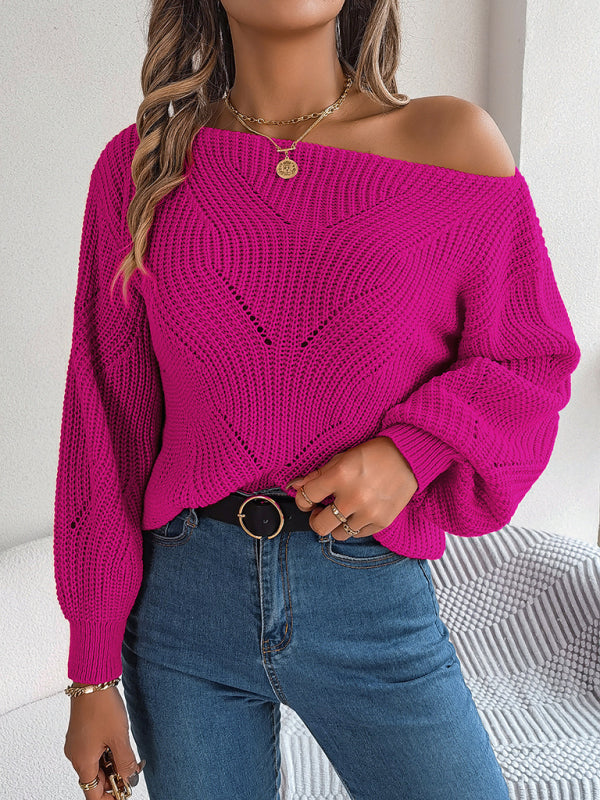 New casual hollow one-line collar off-shoulder lantern sleeve sweater