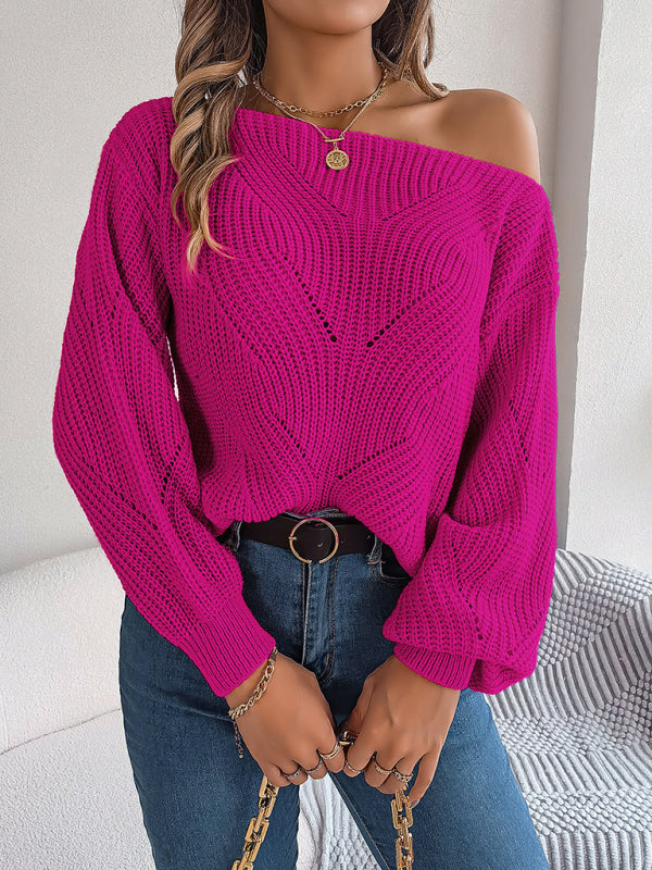New casual hollow one-line collar off-shoulder lantern sleeve sweater