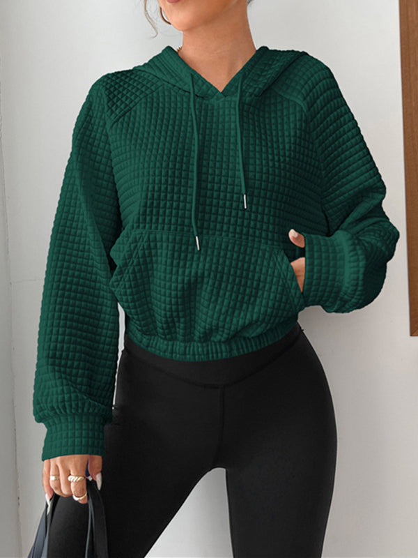 Loose pullover hooded long-sleeved patchwork waffle sweatshirt