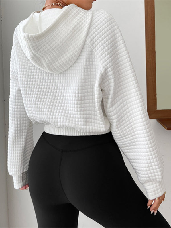 Loose pullover hooded long-sleeved patchwork waffle sweatshirt