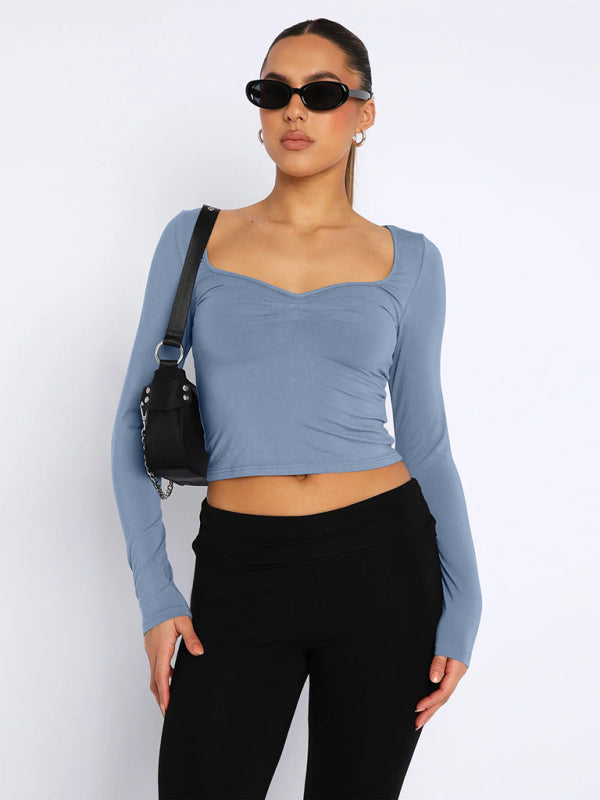 Elegant long-sleeved square-neck knitted top